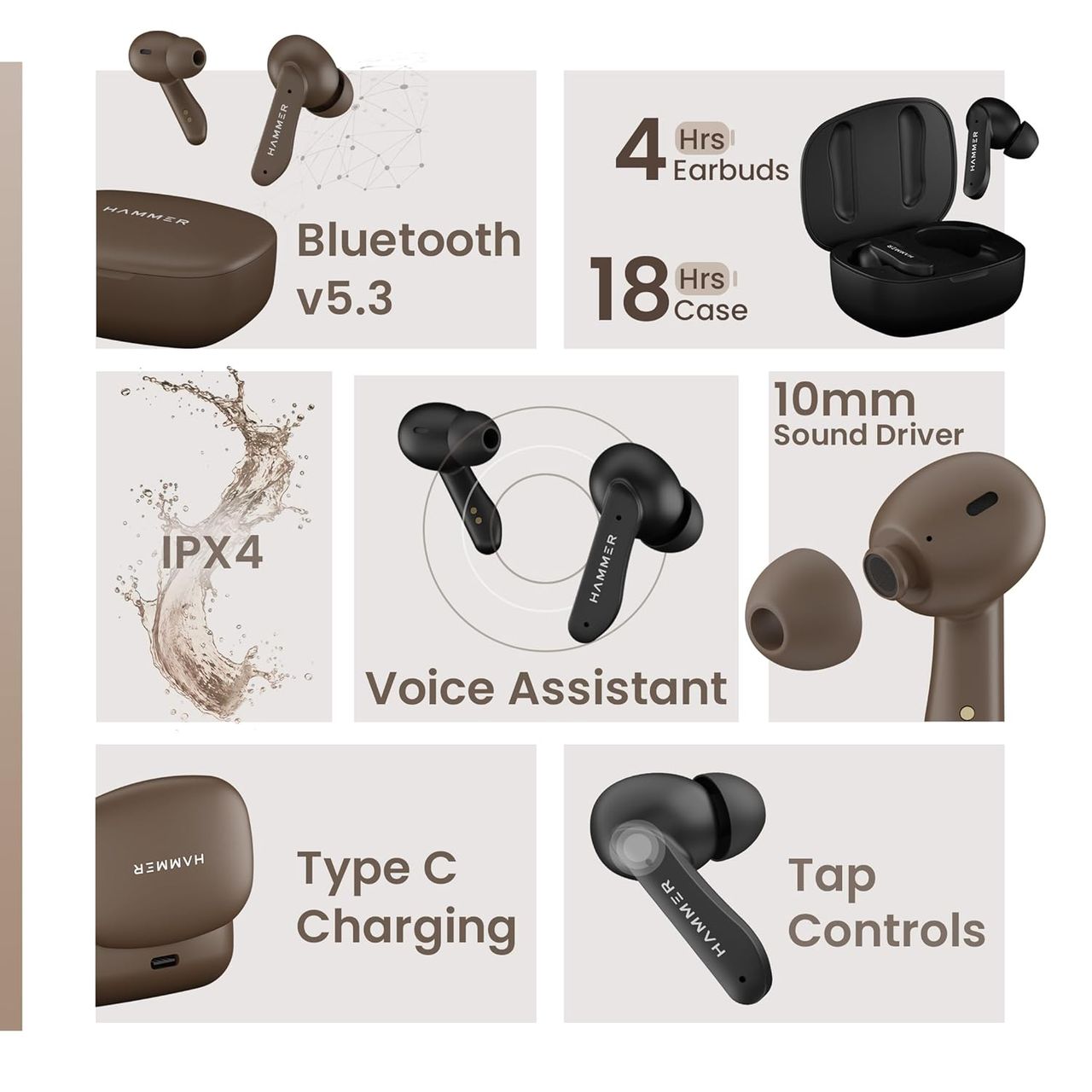 Hammer Solitude Enc Bluetooth In Ear Earbuds With Upto 22H Playtime, Type-C - Mocha Brown