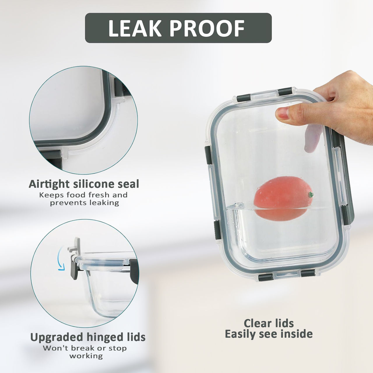 Cutting EDGE Borosilicate Glass Lunch Box-Detachable Lock - Set of 2 (370ml, 640ml) , Grey