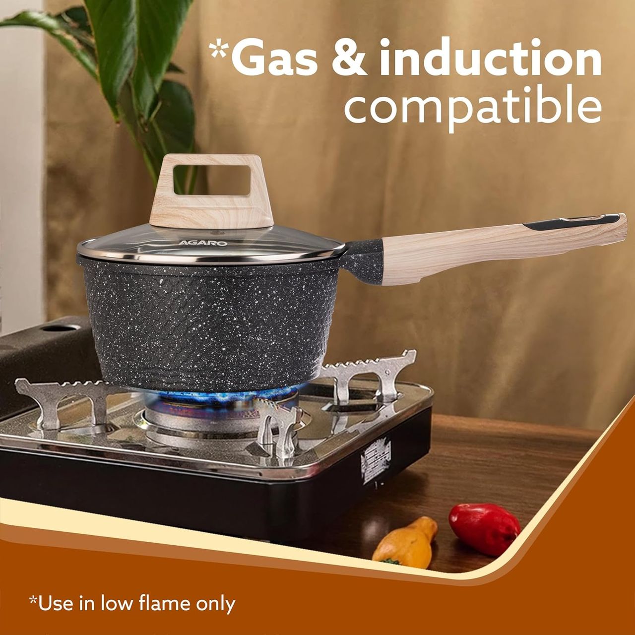 AGARO Imperial Granite Non stick Sauce pan with Glass Lid, 1.5L / 16cm