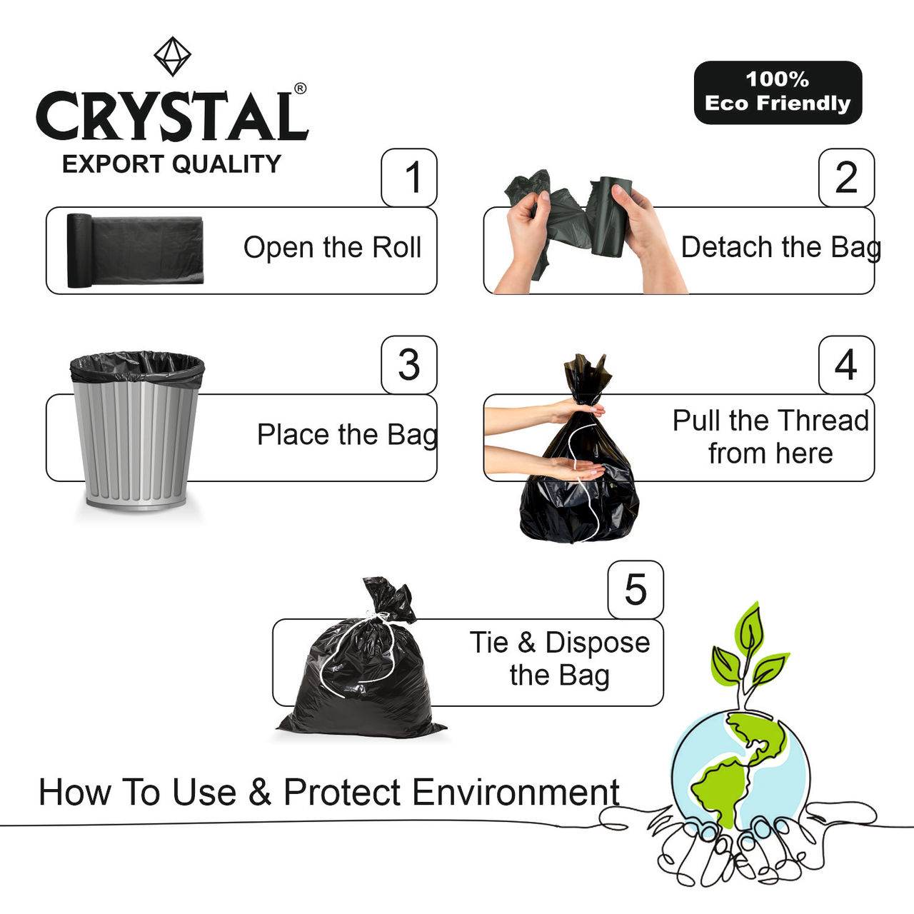 Crystal Medium Black Garbage Bag Roll 19X21 1 pc Combo