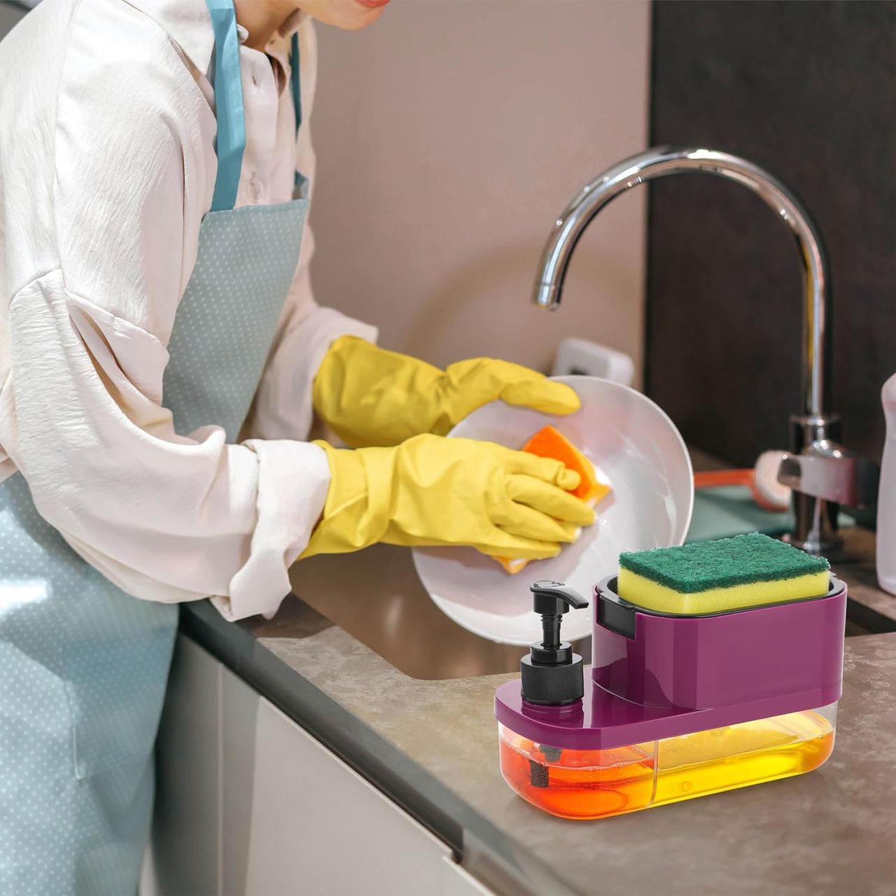 Clazkit 3-In-1 Dishwashing & Handwash Soap Dispenser With Sponge Holder For Sink & Countertop Use