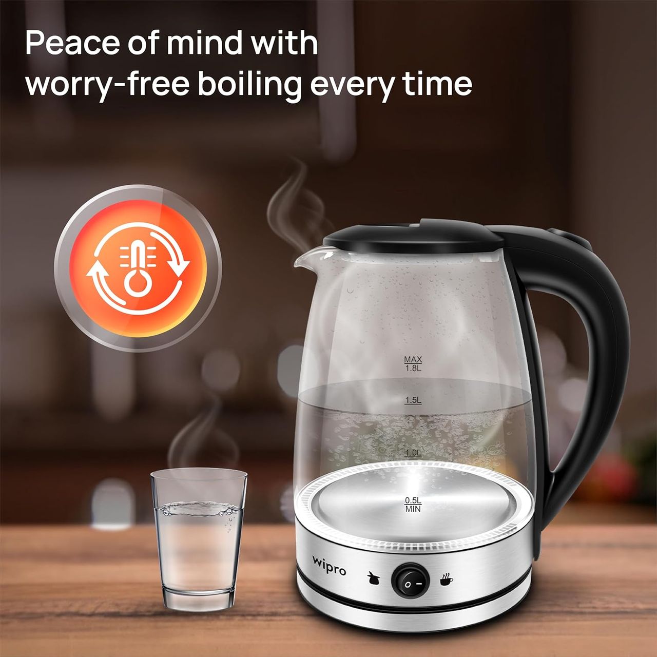 Wipro Elato 1.8 Litre Glass Led Electric Kettle With Keep Warm Function,1500 Watts