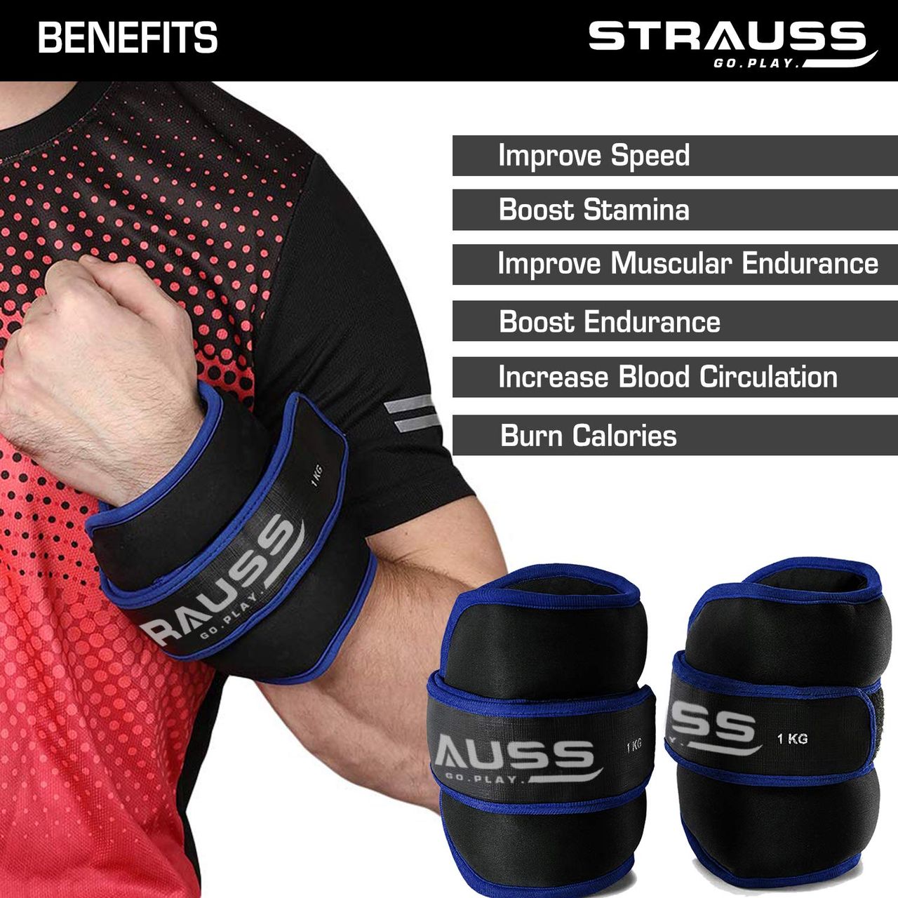 Strauss Round Shape Ankle Weight, 1 Kg (Each), Pair, (Blue)