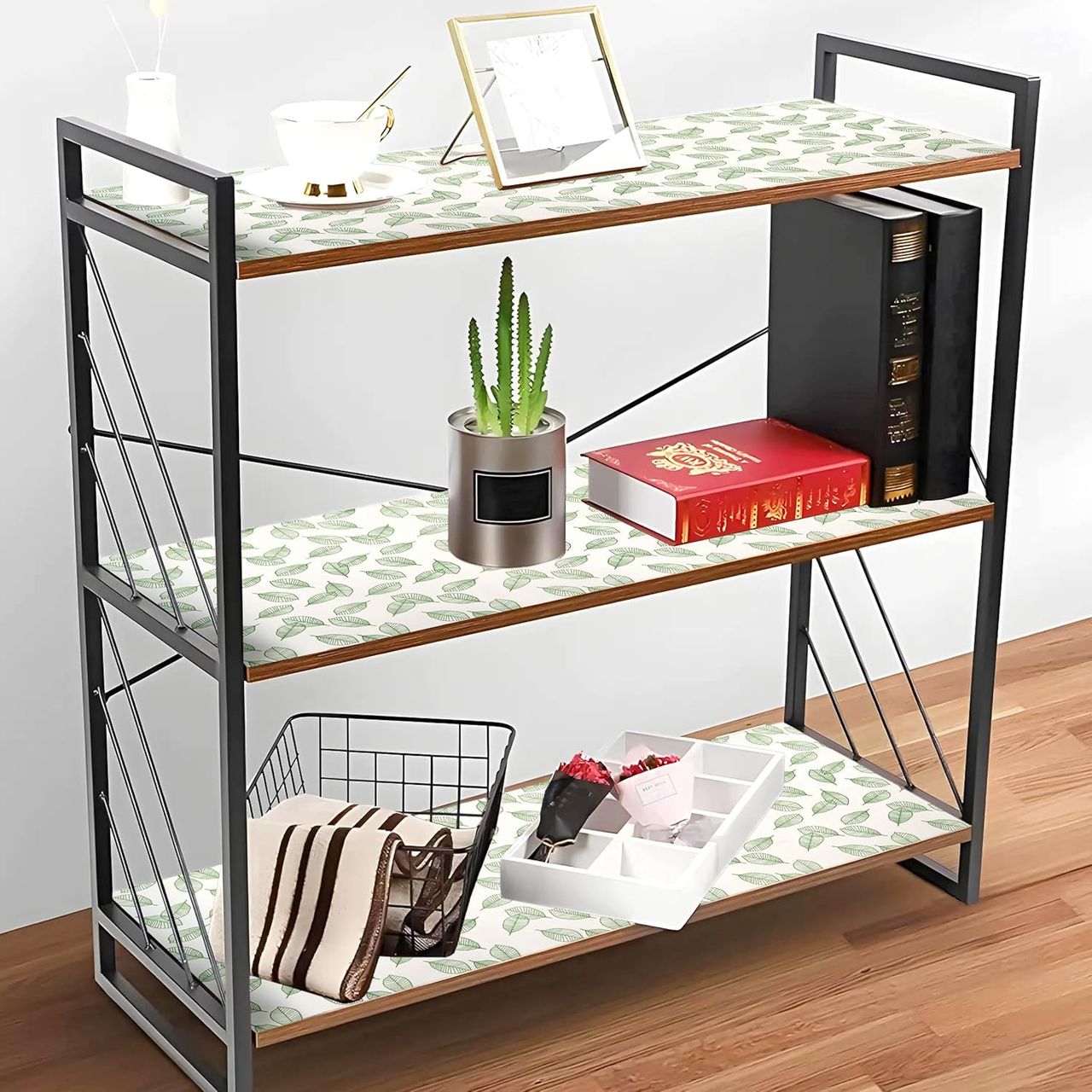 Kuber Industries Shelf Liner | Fridge Mat | Table Mat | Green Leaf Print 3m Wardrobe Mat | White