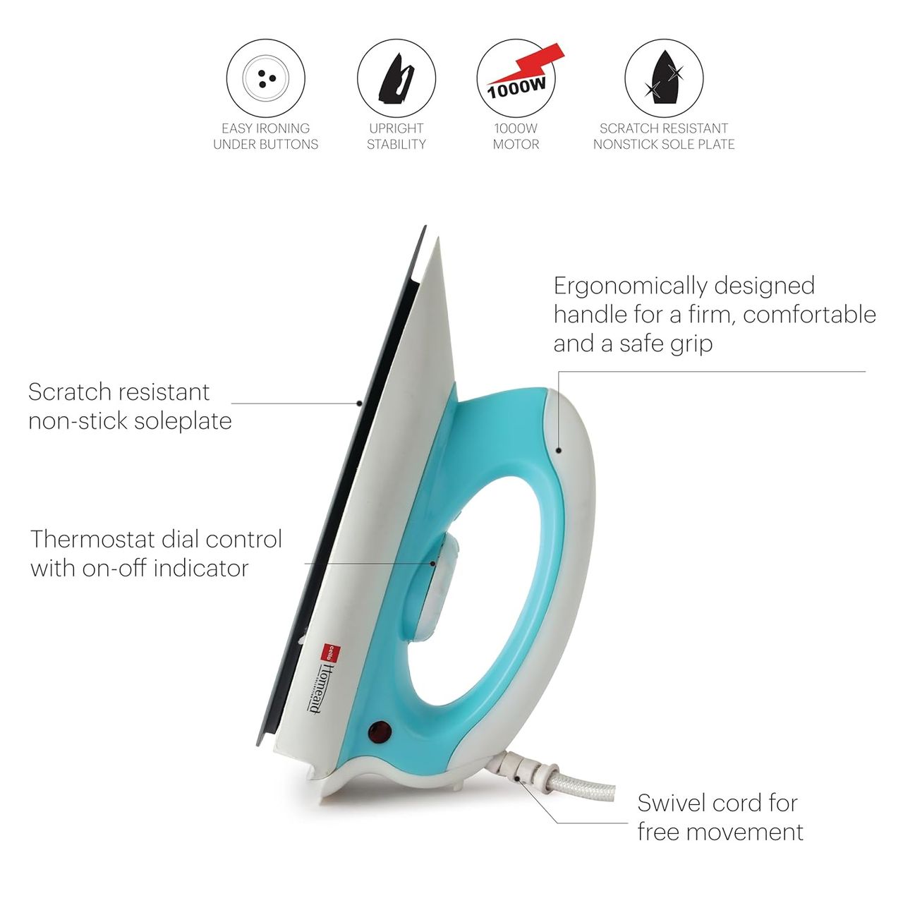Cello Trio Dry Iron With Golden Dupont Non - Stick Soleplate, 360 - Swivel Cord, 1000 Watts