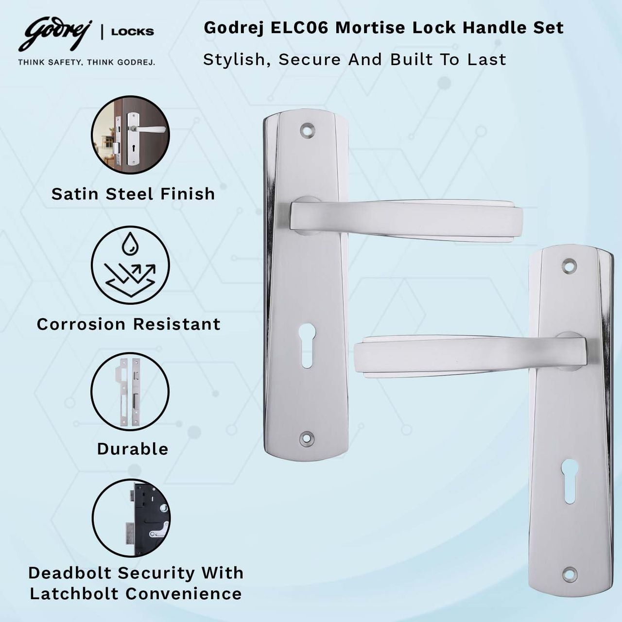 Godrej Mortise Door Lock Handle Set | 6-Lever Locking Mechanism | Satin Steel Finish