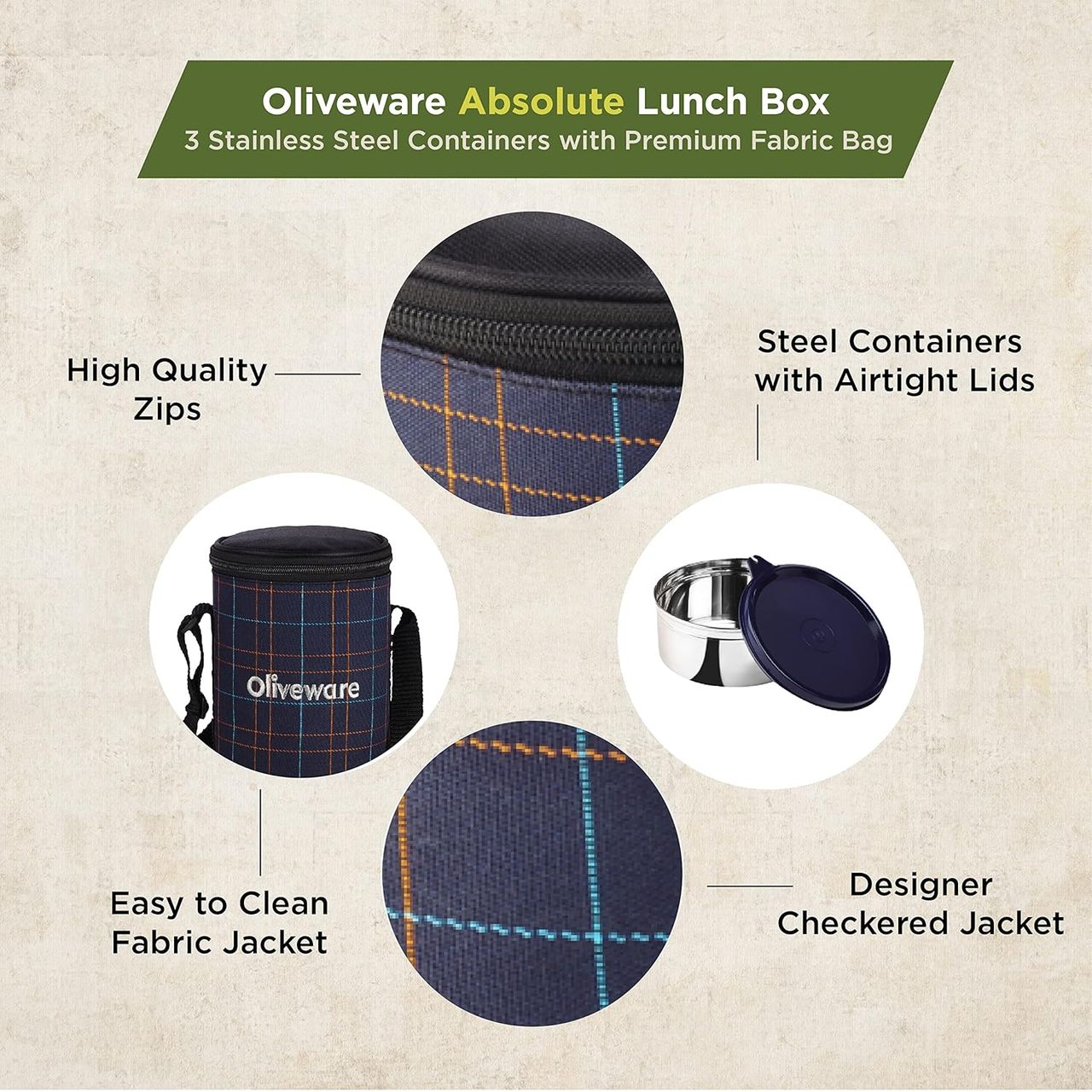 Oliveware Absolute Lunch Box, 3 Stainless Steel and Leak Proof Containers with BPA Free Lids- Blue