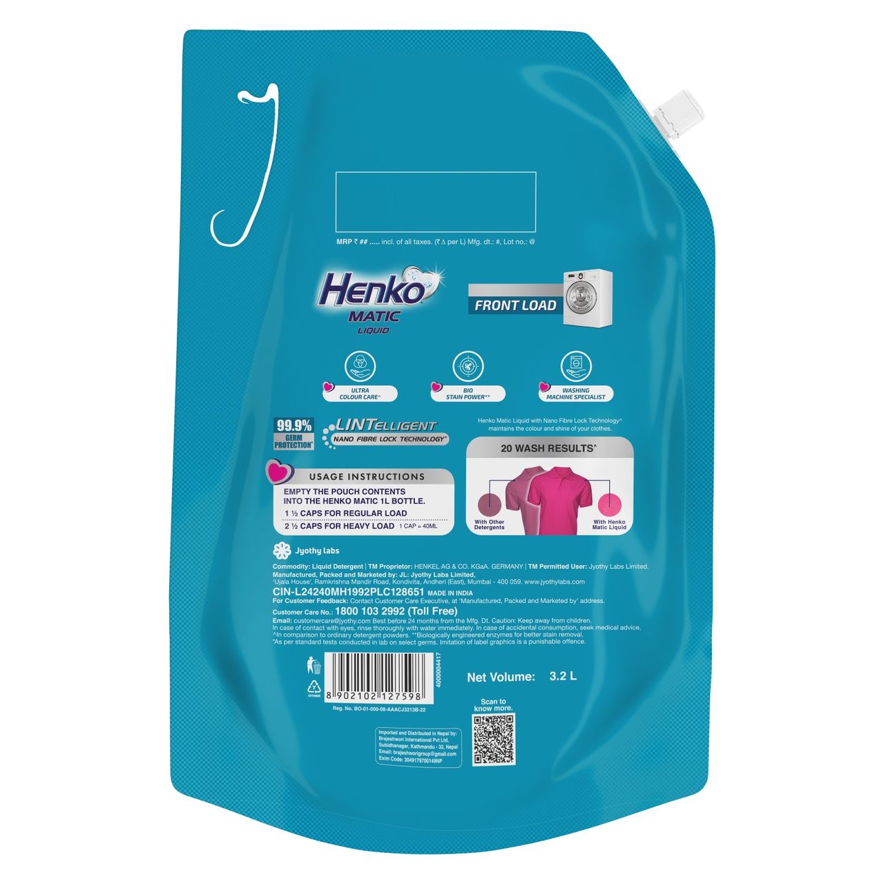 Henko Matic Front Load Detergent Liquid Refill Pouch