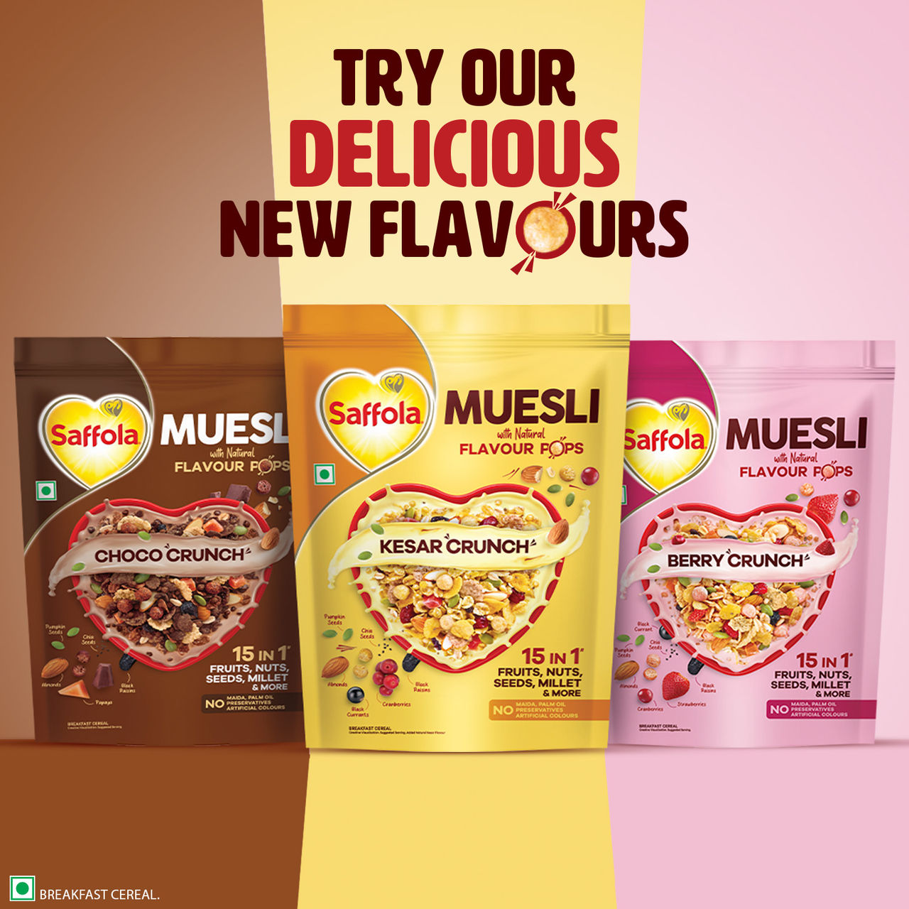 Saffola Muesli Kesar Crunch With Flavour Pops, Fruits, Nuts, Seeds, Millets (15 In 1)