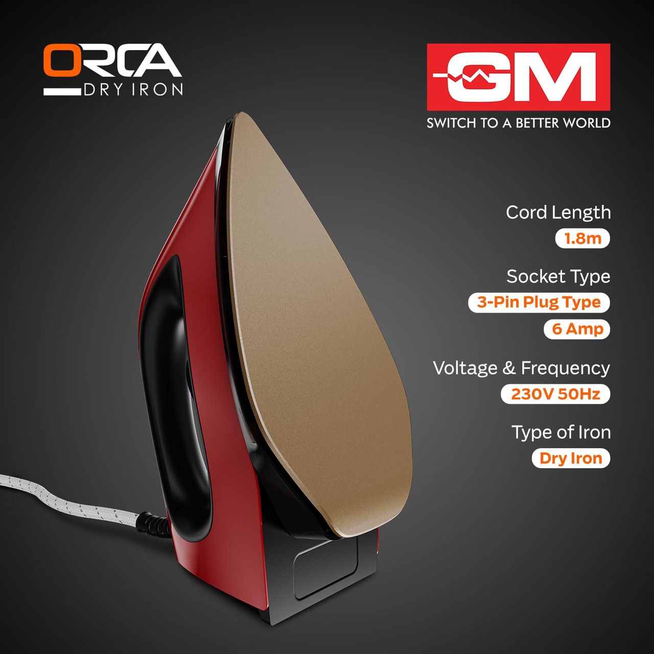 Gm Orca 1100W Efficient Dry Iron For Wrinkle | Variable Temperature Settings,Red