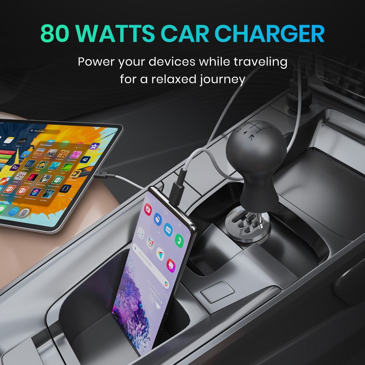 Portronics 80W Dual Output Fast Car Charger with Type-C PD & USB, LED Indicator, Power Bank (Black)