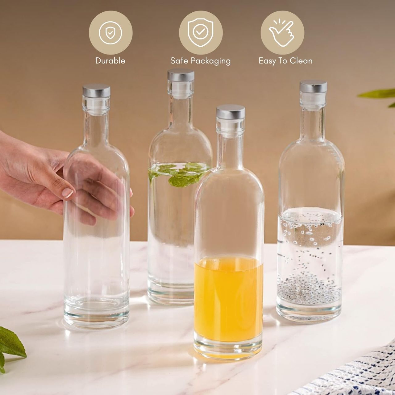Nestasia Glass Water Bottles with Stopper - Set of 4 (500ml each)