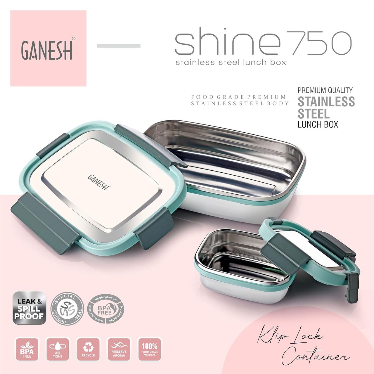 Ganesh Shine Stainless Steel Airtight Leak-Proof Lunch Box Color May Vary - 750 ml (Colour May Vary)