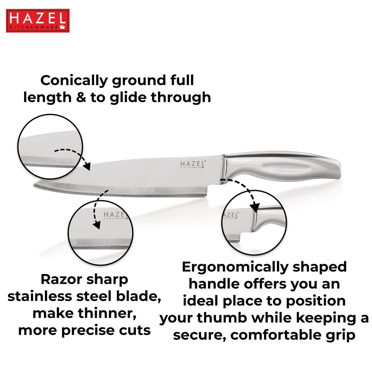Hazel Stainless Steel Chef Knife, Sharp And Large, With Handle For Kitchen Use