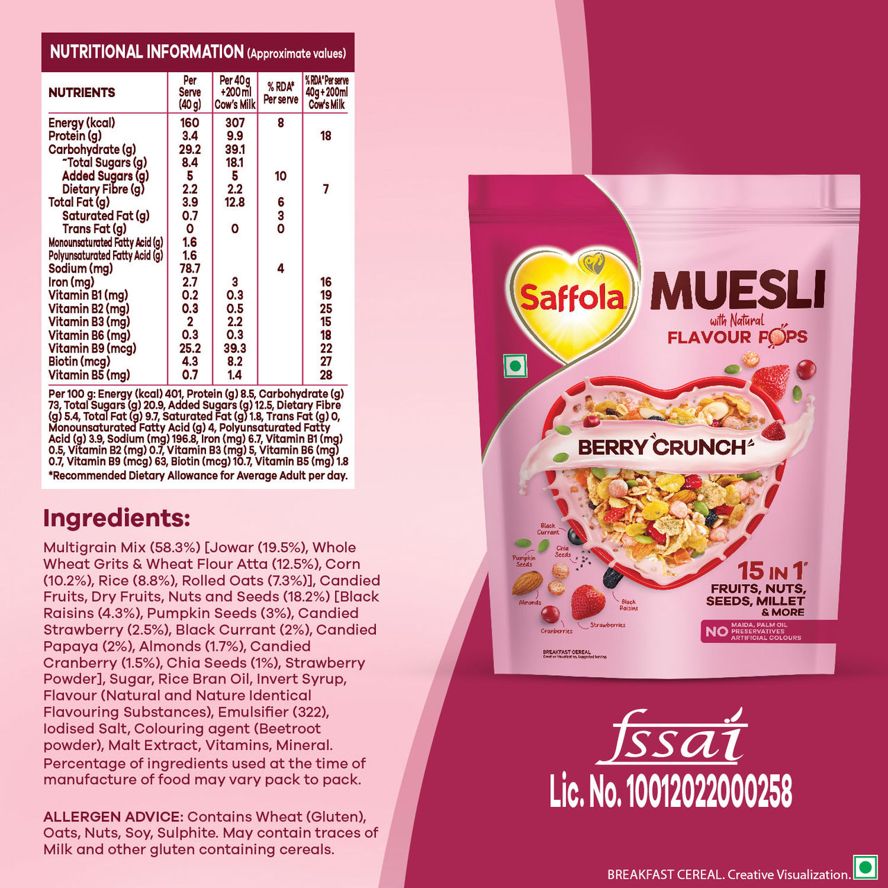 Saffola Muesli Berry Crunch With Flavour Pops, Fruits, Nuts, Seeds, Millets (15 In 1)