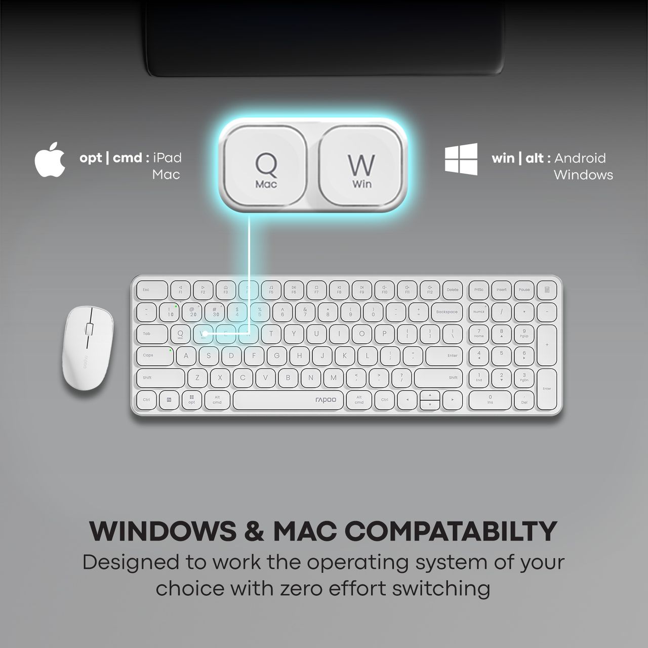 Rapoo 9320M Bluetooth 4.0 | 5.0 + 2.4G Wireless Multi-Mode Keyboard, Mouse, 2400DPI | Compact White