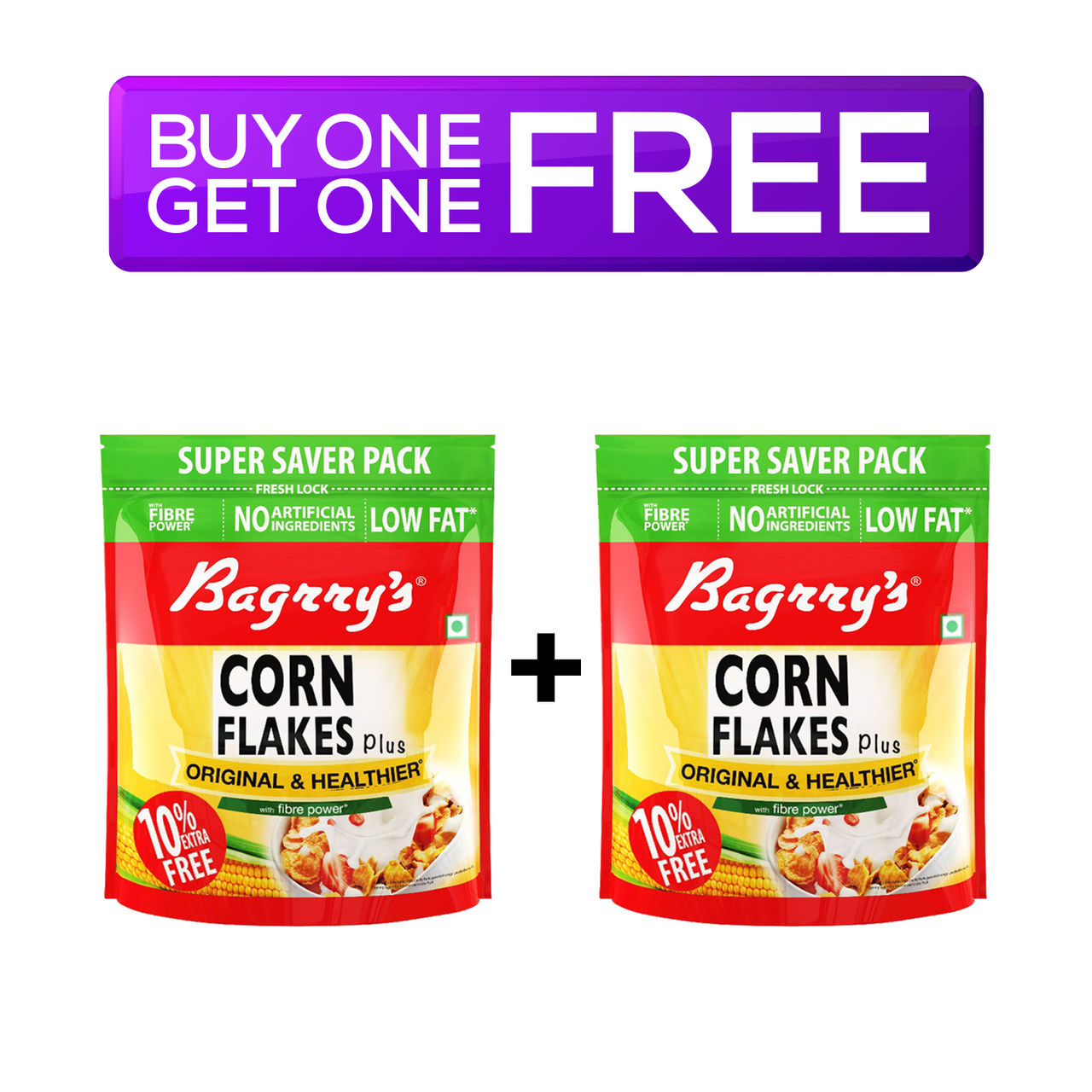 Bagrrys Corn Flakes Plus Original Healthier - Added Fibre 800 g Combo