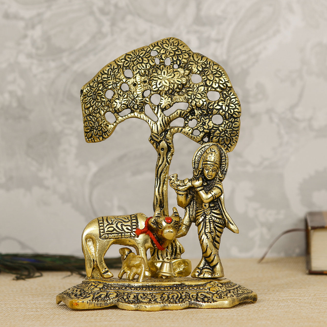 eCraftIndia Divine Golden Lord Krishna Idol Playing Flute Beneath a Tree with Cow and Calf