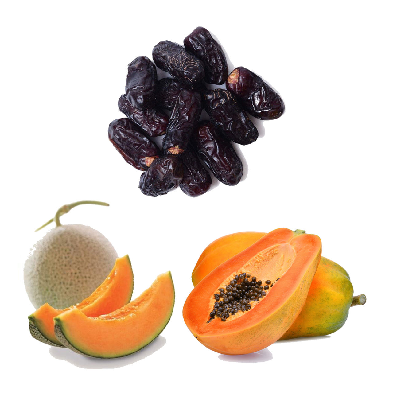 Muskmelon (1pc), Papaya (1pc) & Khari Foods Kalmi Dates(250gms) Combo
