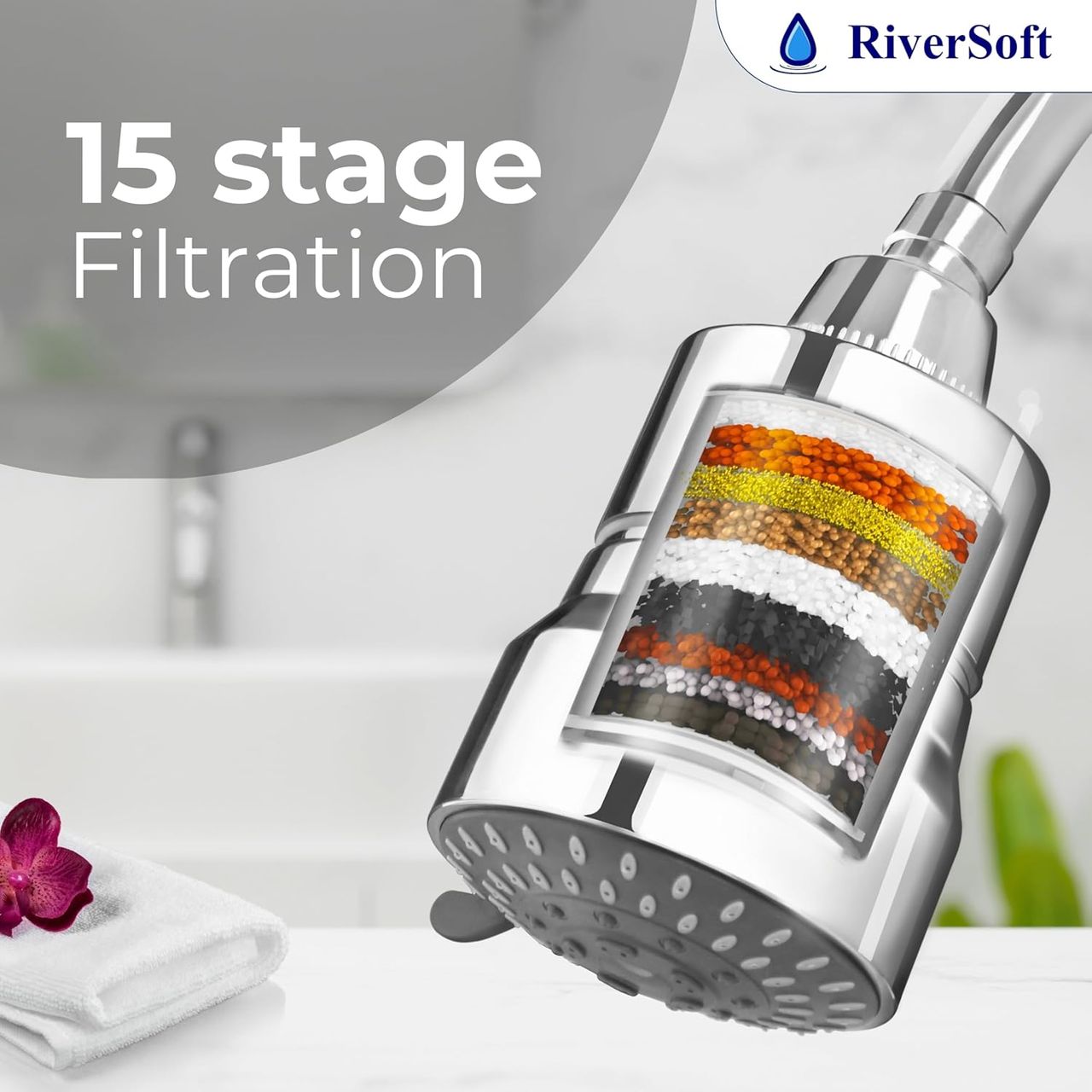 Riversoft Diva-05 Shower Filter For Hard Water With 15 Stages | 5 Mode Spray Setting (Chrome)