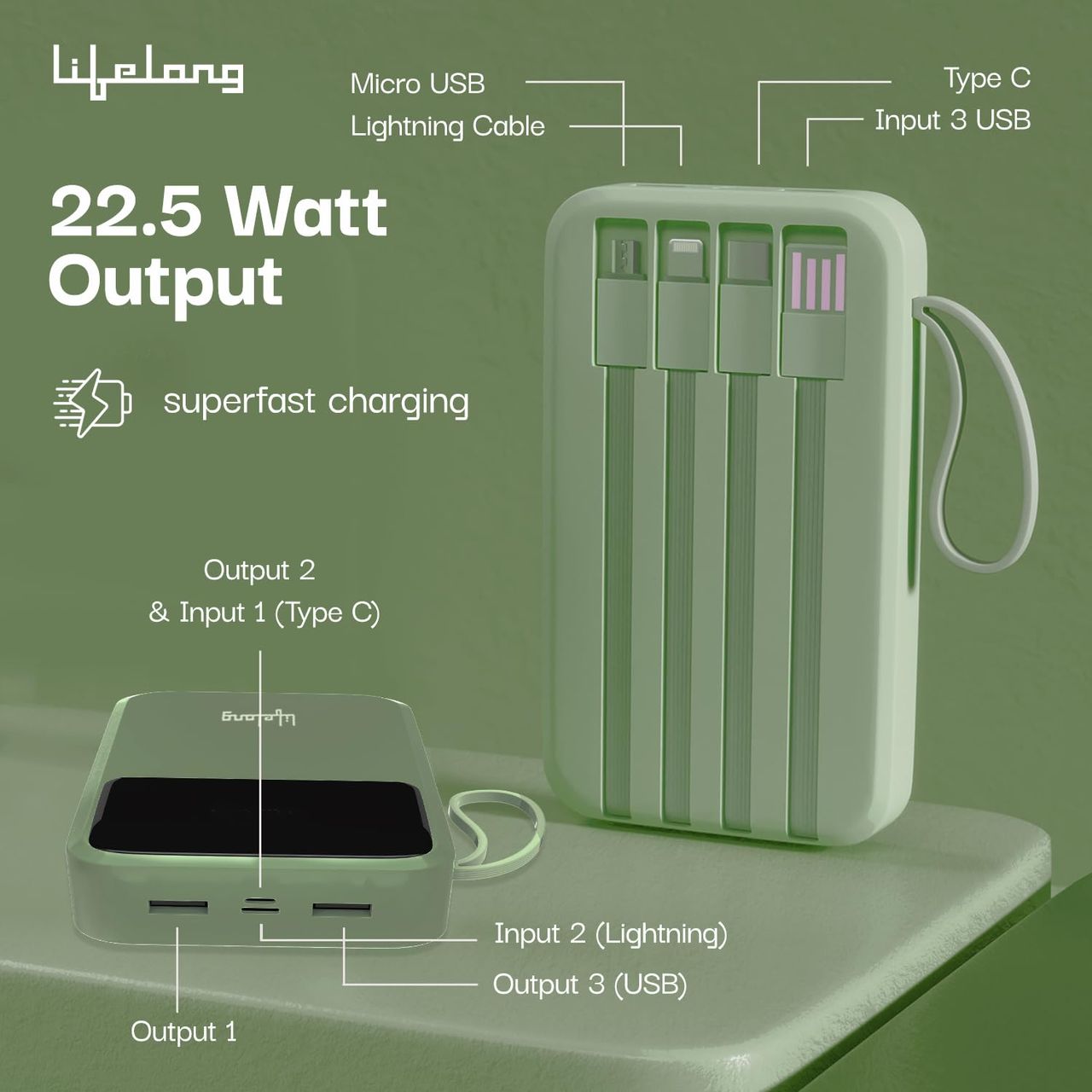 Lifelong ZenCharge 20000 mAh 22.5 W Compact Pocket Size Power Bank with 6 Input/Output Port