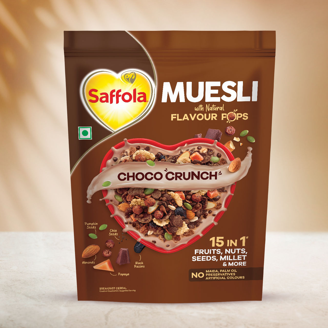 Saffola Muesli Choco Crunch With Flavour Pops, Fruits, Nuts, Seeds, Millets (15 In 1)