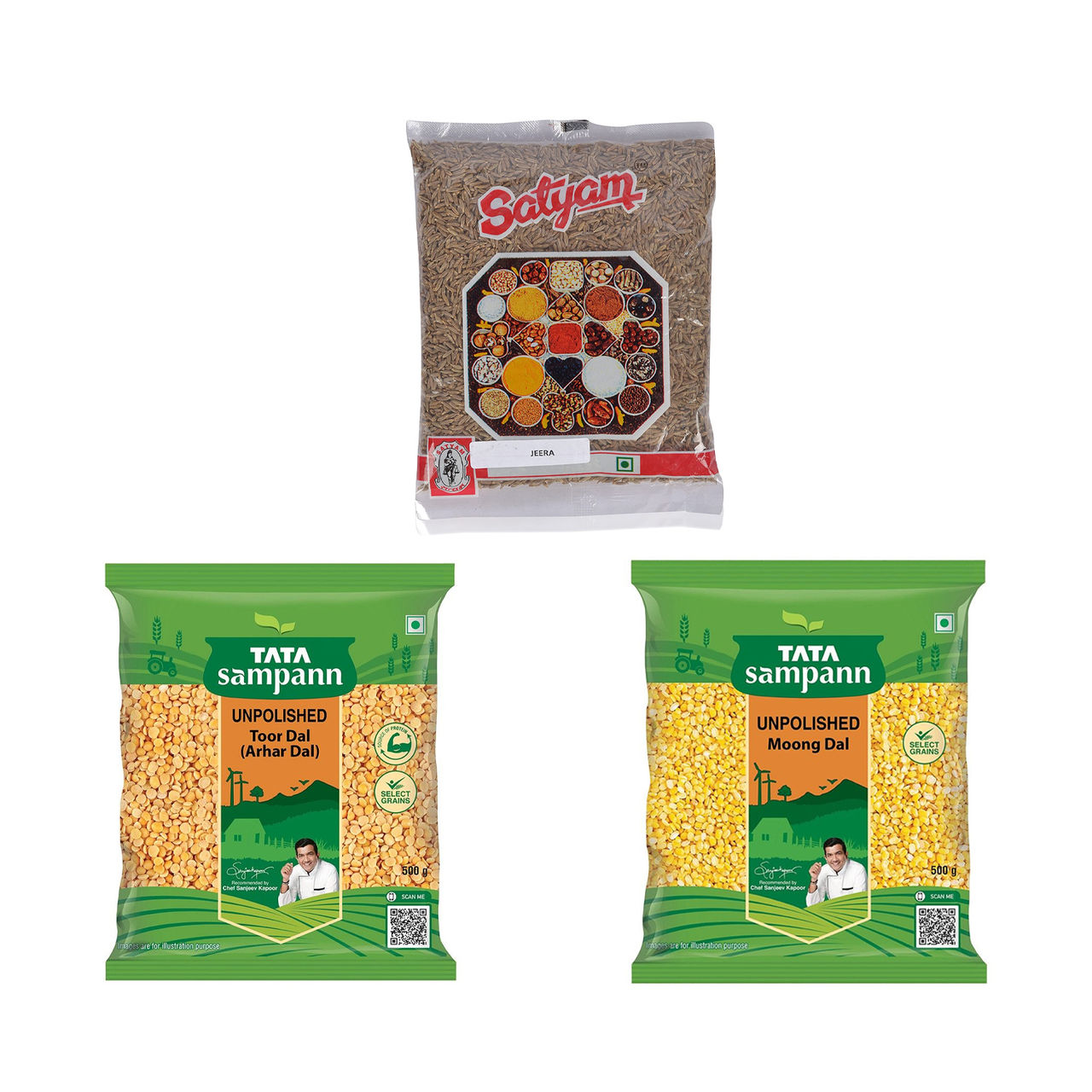 Tata Sampann Unpolished Toor Dal (Arhar Dal)(500 gms), Tata Sampann Unpolished Moong Dal(500 gms) & Satyam Spices Jeera(200 gms) Combo
