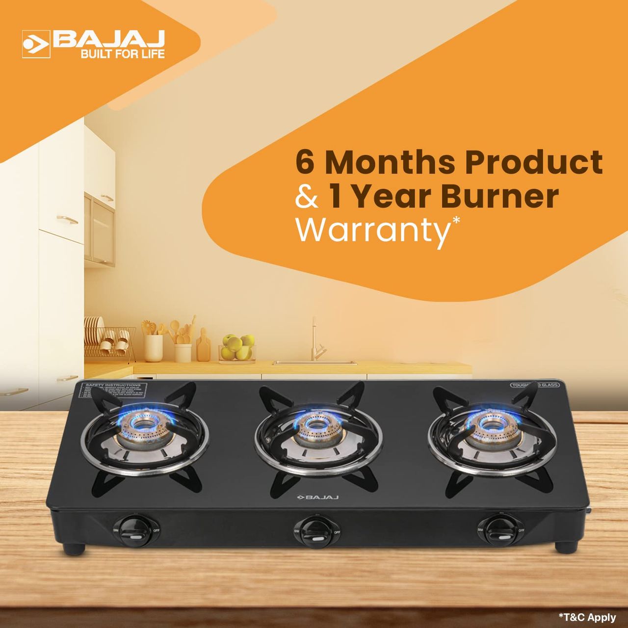 Bajaj 3 Burners Glasstop Gas Stove Ucx 3b