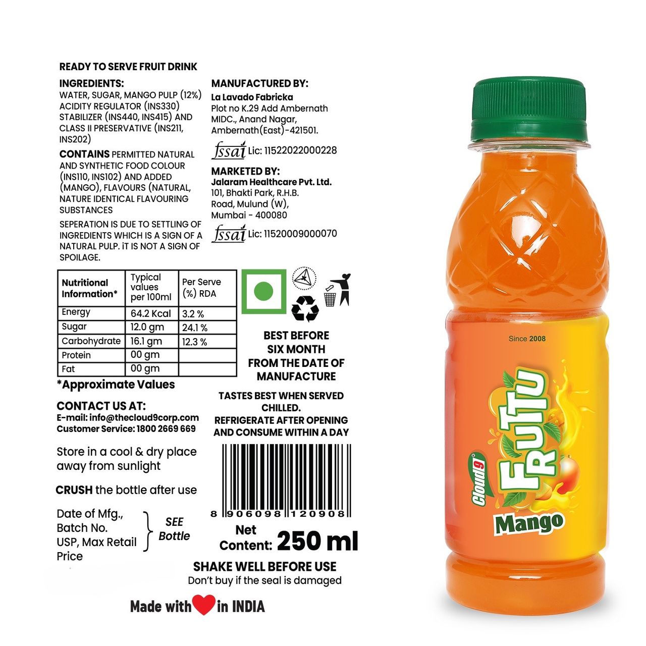 Cloud9 Beverages Fruttu Mango Soft Drink