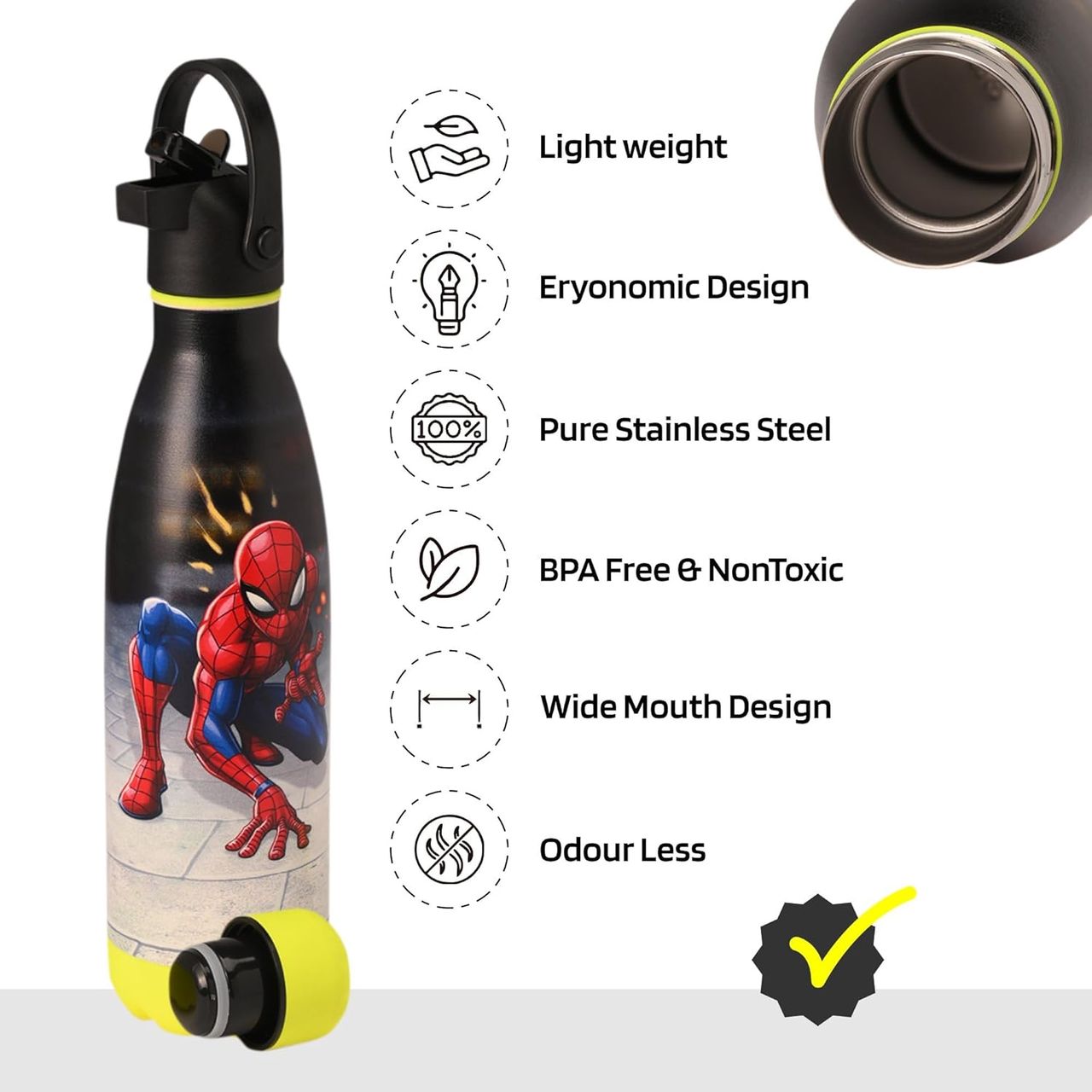 Kuber Industries Marvel Spiderman 500 ml Insulated Sipper Water Bottle with 2 Lids & Straw | Red
