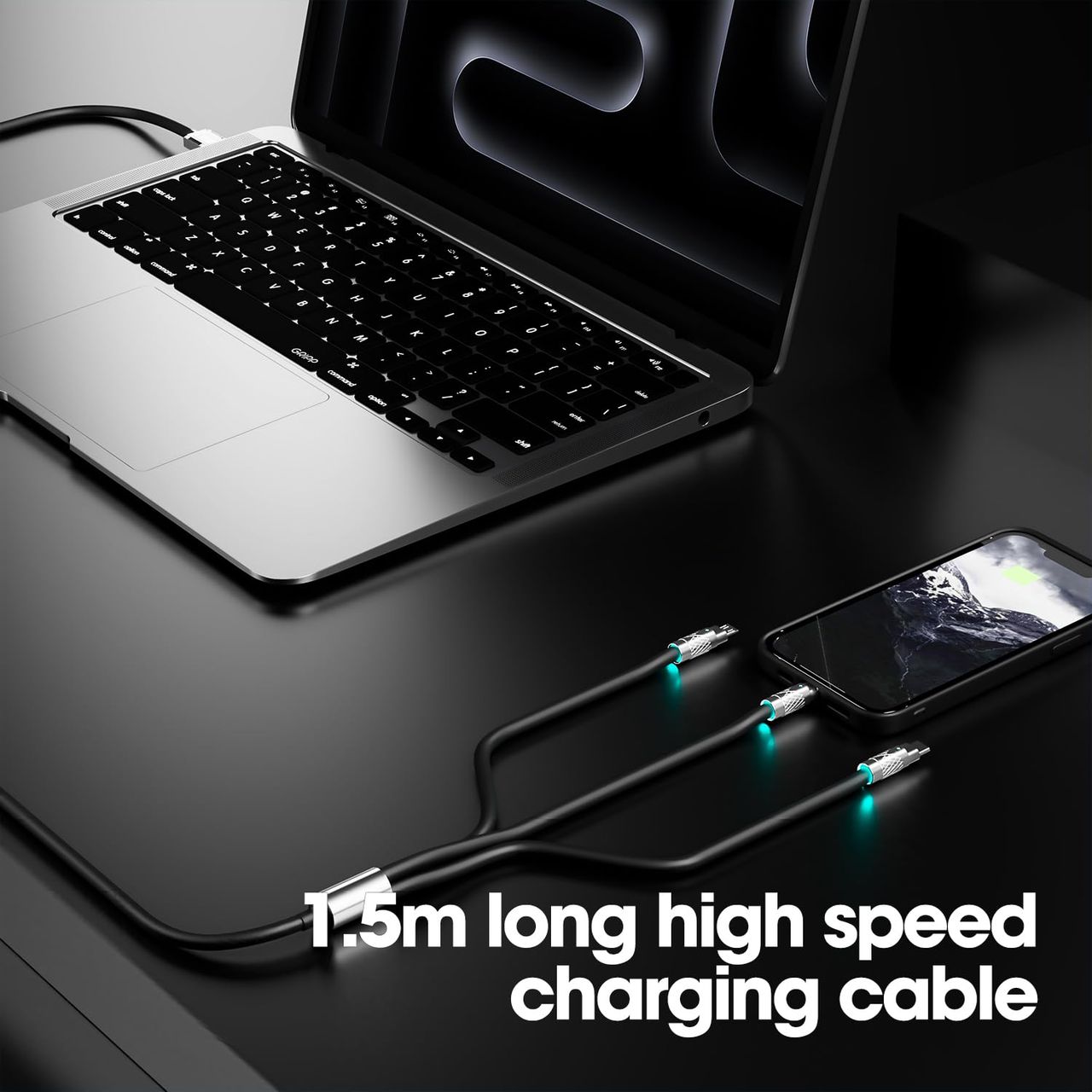 Sounce 3-in-1 120W Portable Fast Charging Data Cable | USB-C - Lightning & Micro-USB | Black