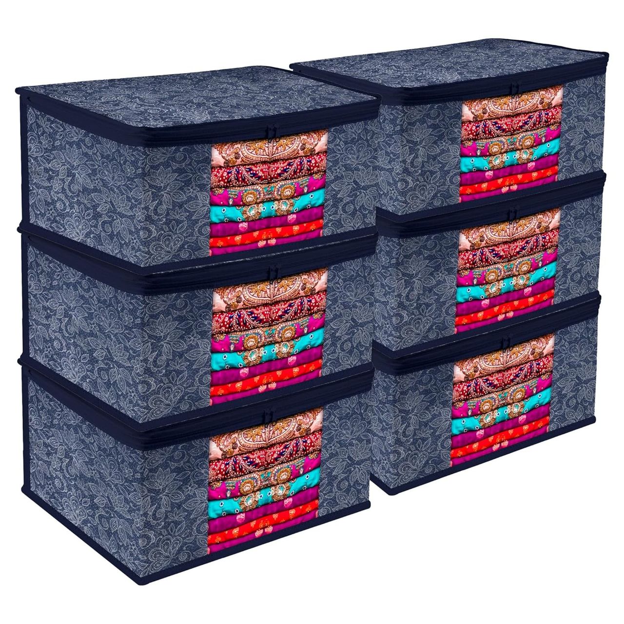 Kuber Industries Flower Printed Saree Storage Bag with Visible Window|9 Inch|Pack of 6|Navy Blue