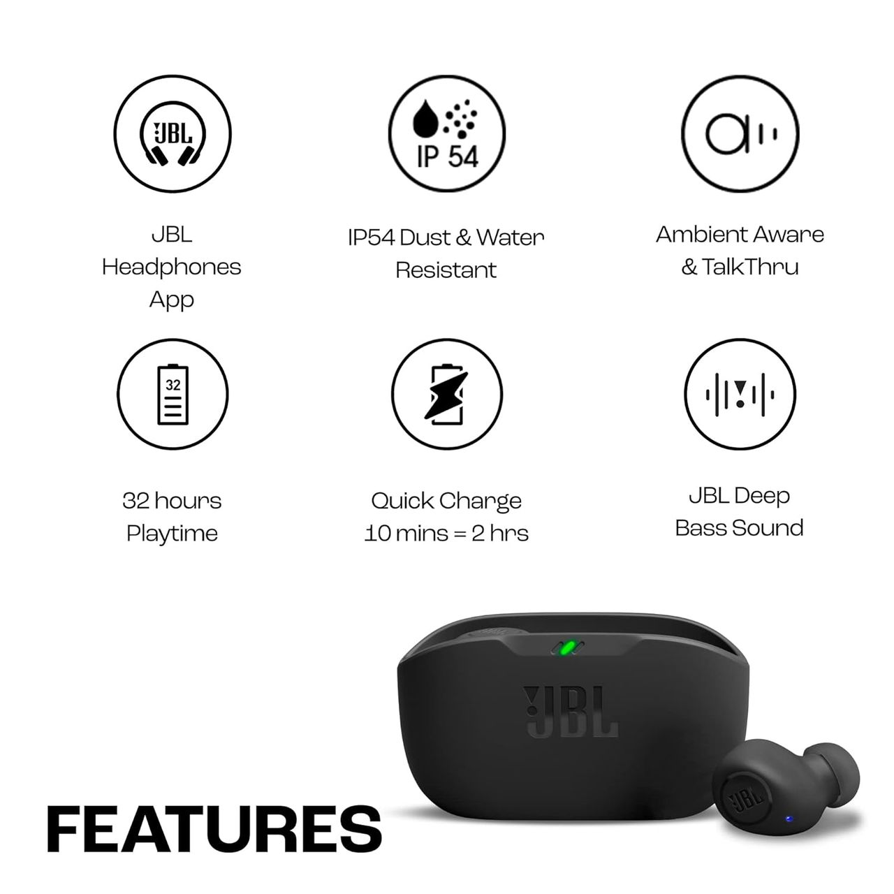 JBL Wave Buds In-Ear Wireless Earbuds (Tws) With Mic, (Black)
