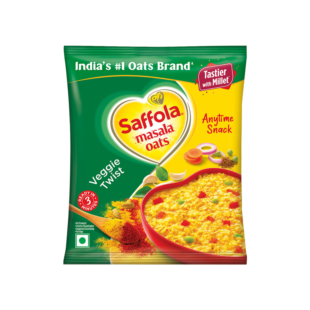 Saffola Masala Oats | Veggie Twist | Anytime Snack | Ready in 3 mins | Millets Goodness 38 g Combo