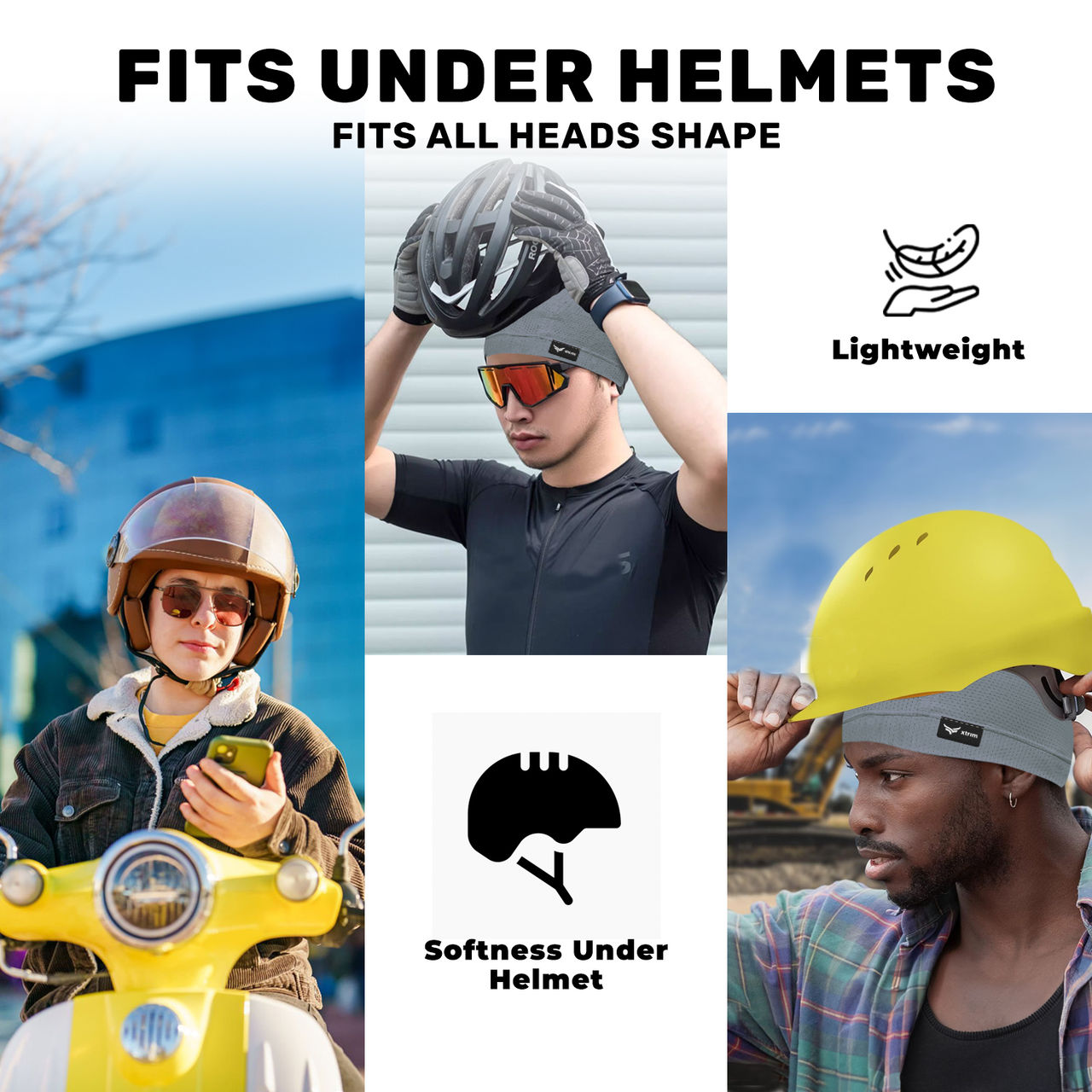 Xtrim Skull Cap for Bikers/Cyclists, Inner Helmet Liner, Sweat Cooling | Grey | One Size Fits All