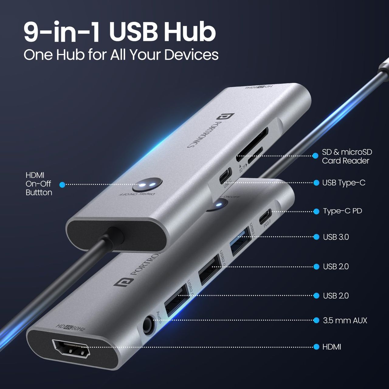Portronics Mport One 9-In-1 Usb Hub With Card Reader