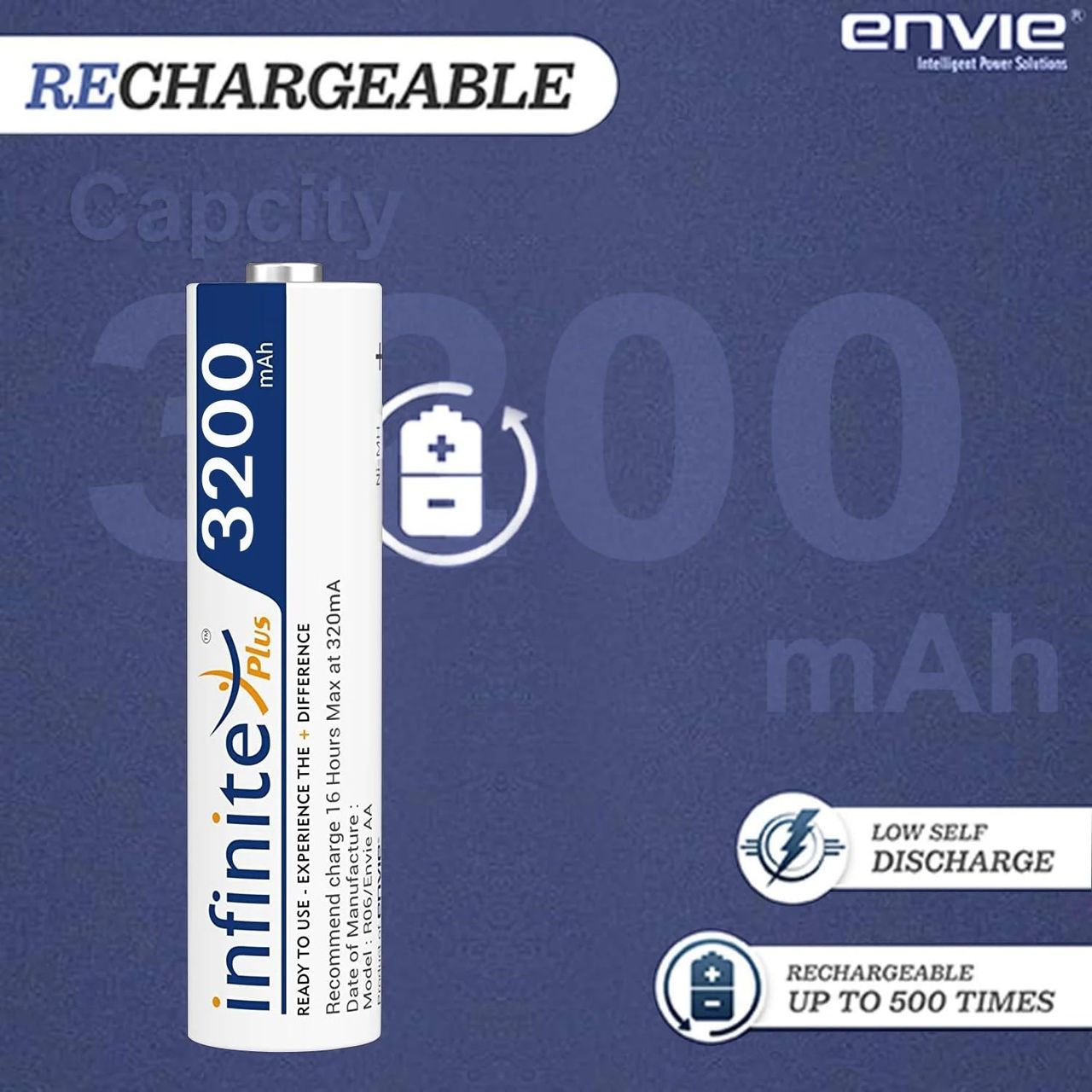 Envie Infinite Plus AA High Capacity 3200 mAh Ni-MH Rechargeable - Ready To Use Battery (Pack Of 4)