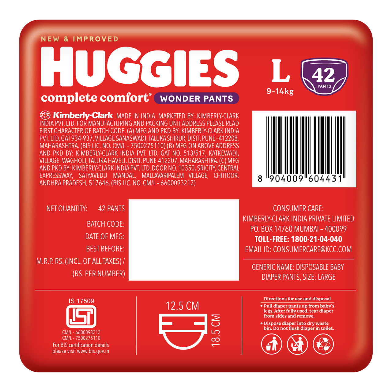 Huggies Complete Comfort Wonder Pants Style Baby Diapers L Size, 9 to 14 kgs