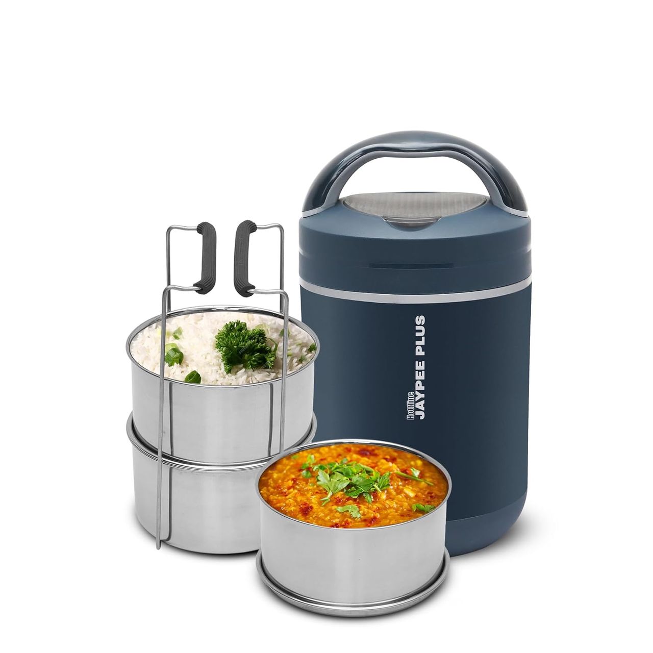 Jaypee Plus Hott Line Electric Lunch Box, 3 Stainless Steel Container, Dark Blue