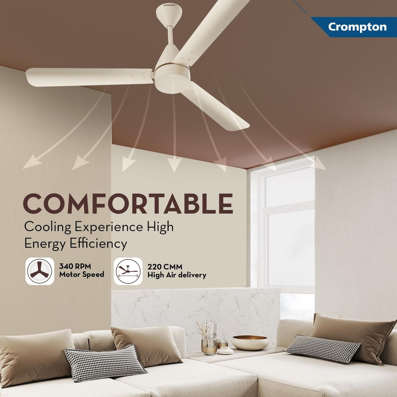 Crompton Energion Hyperjet BLDC Ceiling Fan,1200mm,Remote Control,BEE 5 Star Rated,Anti-Rust,Ivory