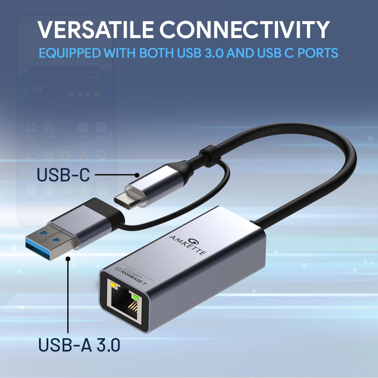 Amkette Usb Gigabit Ethernet Adapter-Type C+A-Grey