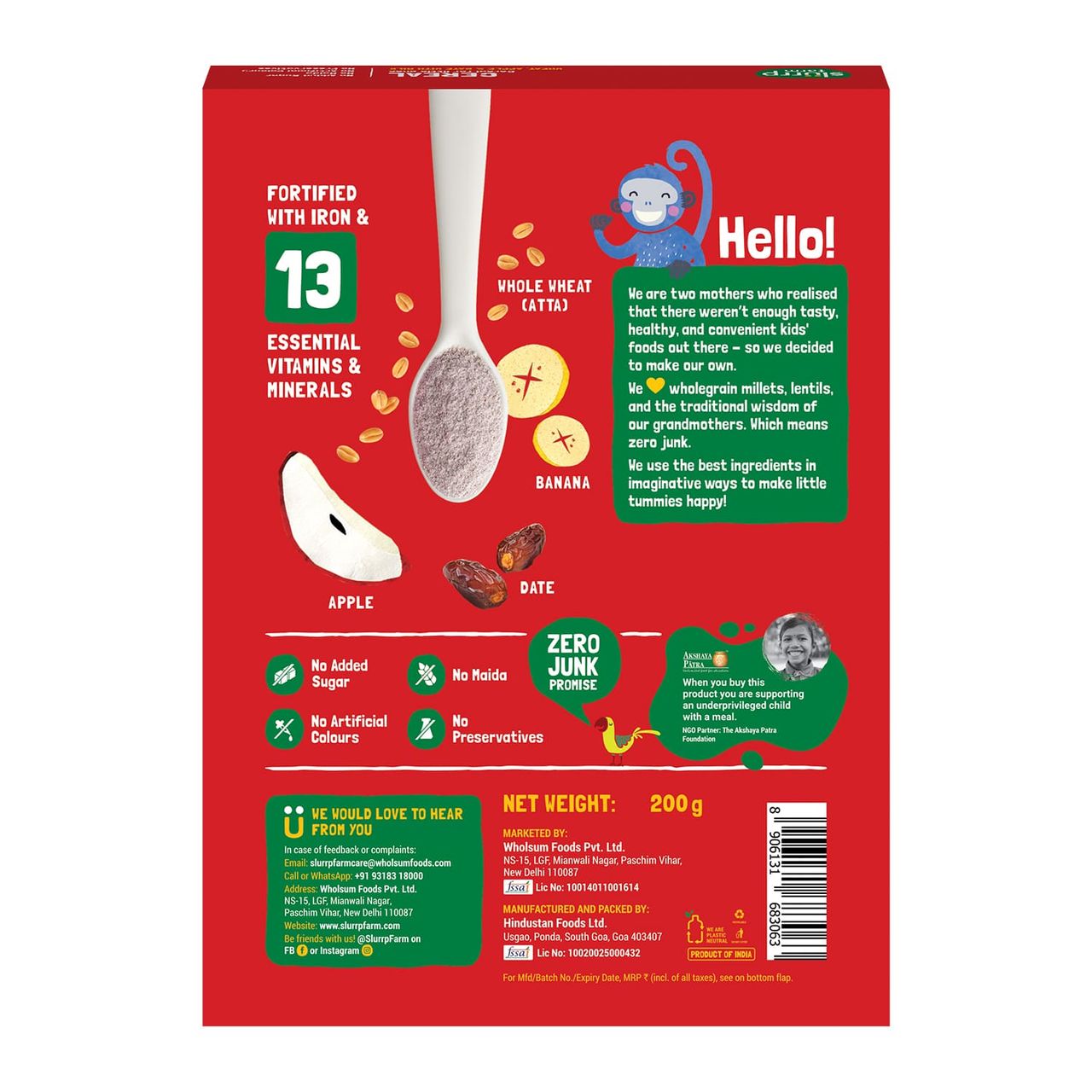 Slurrp Farm No Added Sugar Cereal - Ragi, Rice And Mango With Milk, No Preservatives, Made With Multigrain Millets, 200 Gm(200gms) & Slurrp Farm Cereal - Wheat, Apple & Date With Milkno Added Sugar No Powder 1 Pcs(1pc) Combo