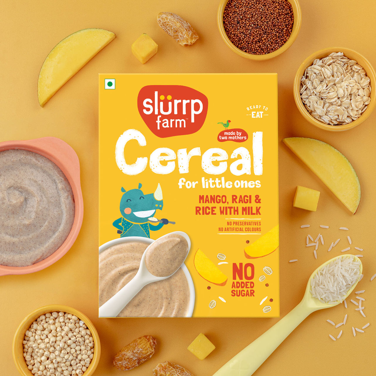 Slurrp Farm No Added Sugar Cereal - Ragi, Rice And Mango With Milk, No Preservatives, Made With Multigrain Millets, 200 Gm(200gms) & Slurrp Farm Cereal - Wheat, Apple & Date With Milkno Added Sugar No Powder 1 Pcs(1pc) Combo