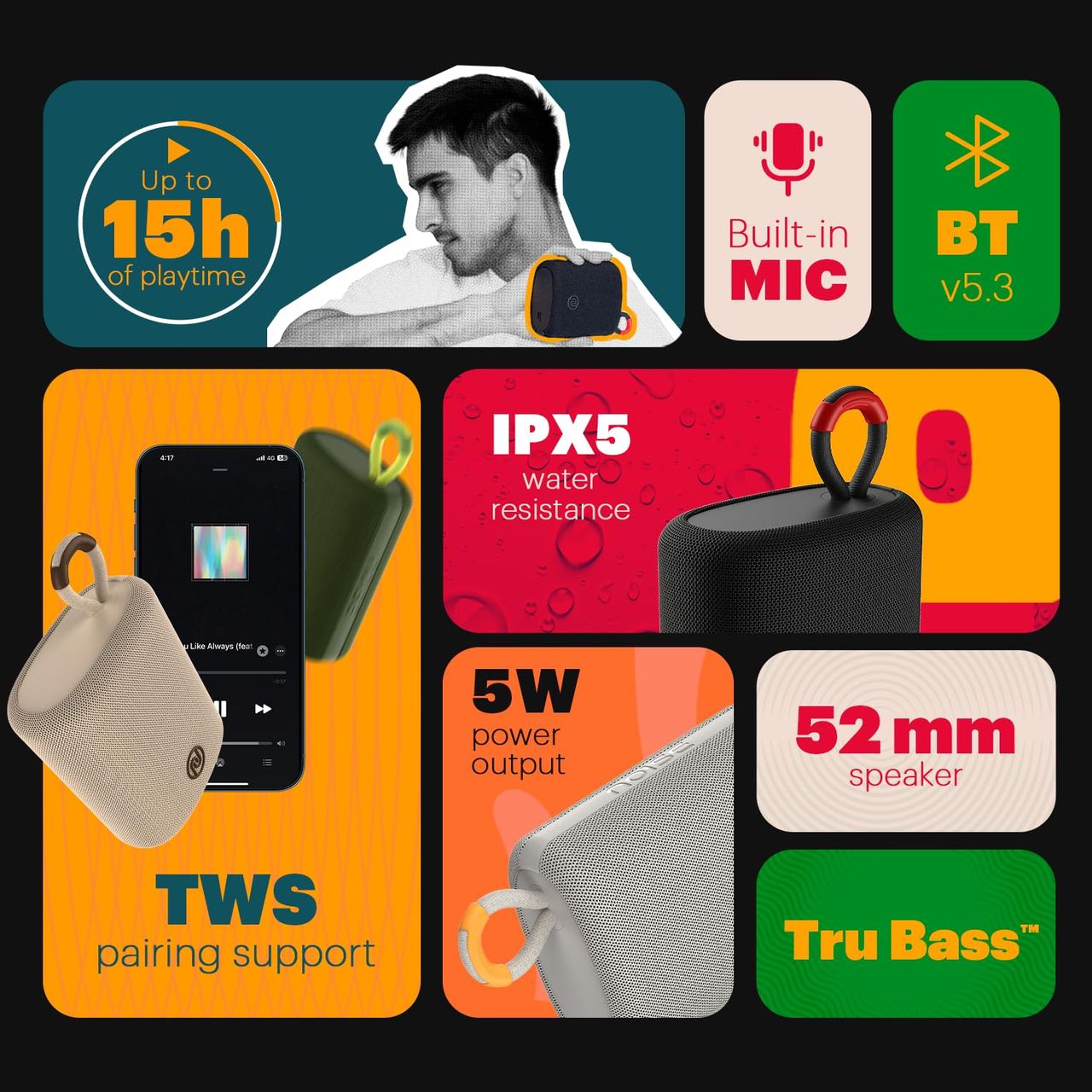Noise Vibe 2 5 W Portable Speaker - TWS Pairing Support | 52mm Driver