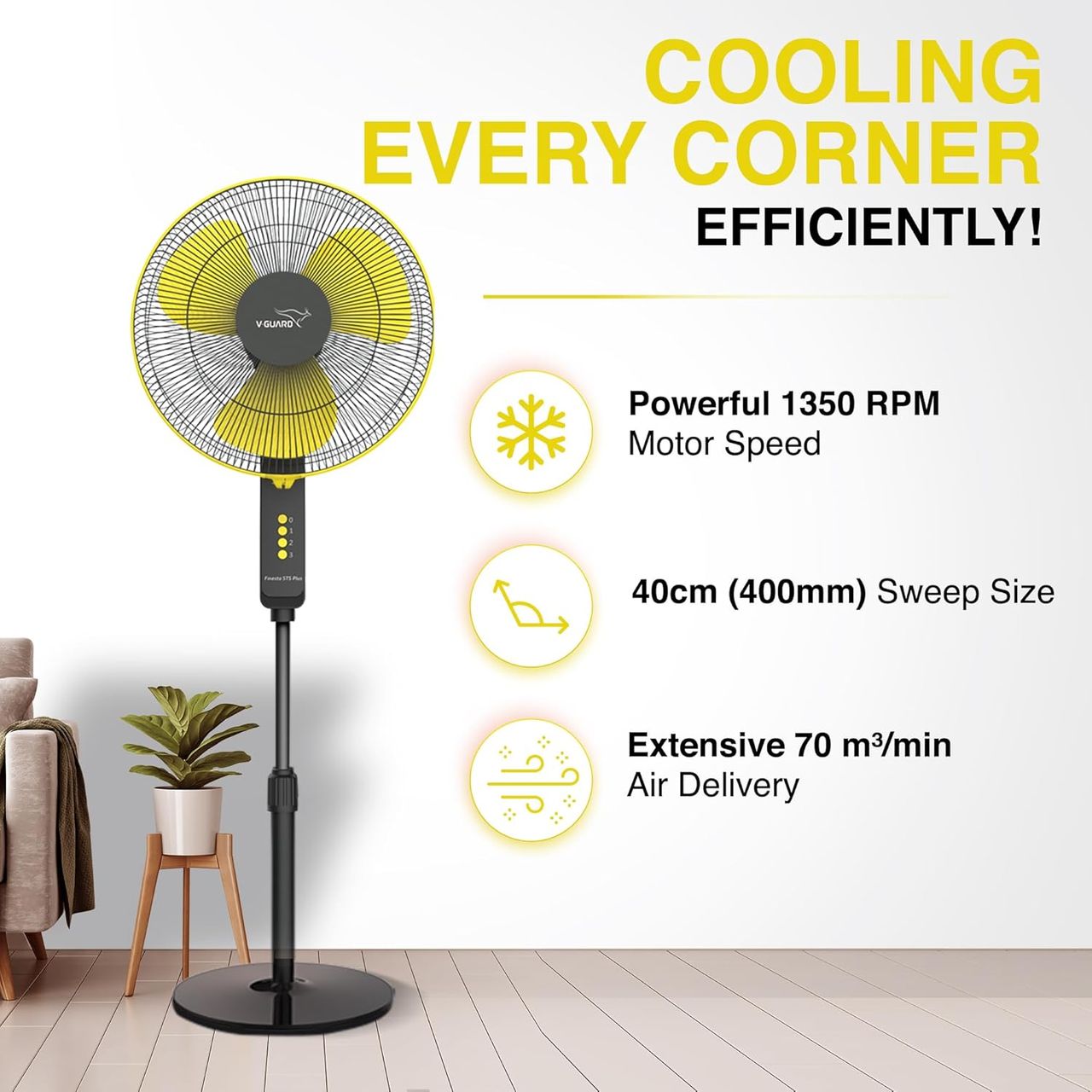 V-Guard Esfera STS Plus Pedestal Cum Table Fan, 400mm, 350 RPM Motor, 2-In-1 Operation,Yellow Black