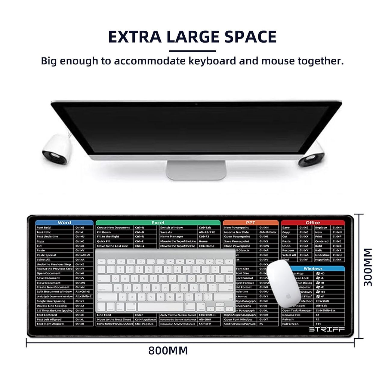 Striff Windows & Office Keyboard Shortcuts Desk Mat, Extended Size , Gaming Mouse Pad