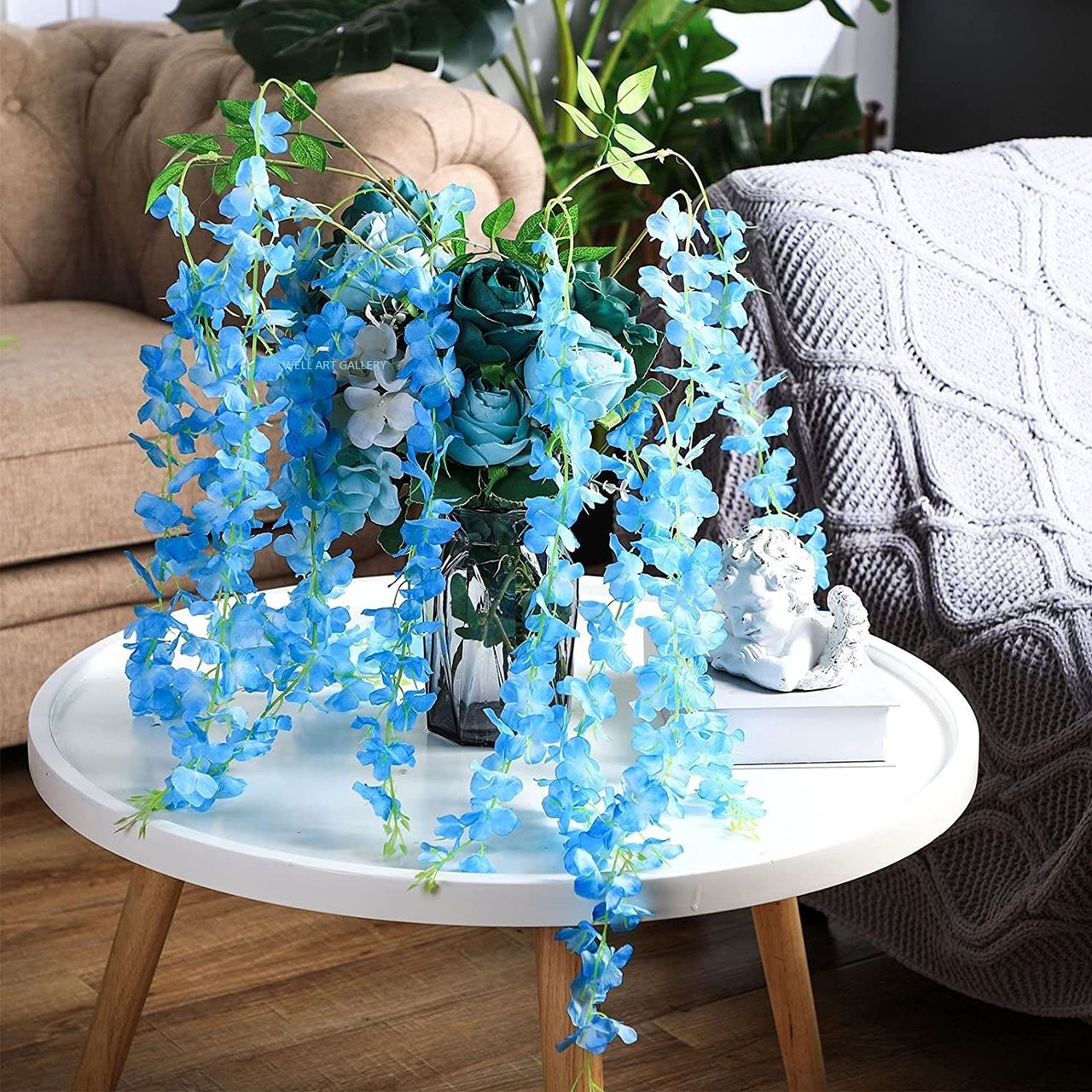 Well Art Gallery Artificial Wisteria Hanging Flowers Vines String Decorations (Pack Of 6,Sky Blue)