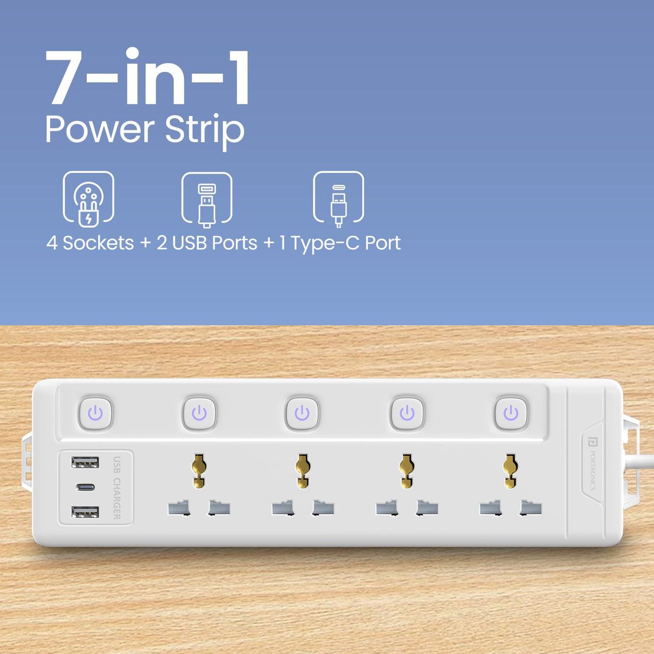 Portronics Power Plate 19 Extension Board with 4 Universal Sockets, 3m Cord, 5 Individual Switches