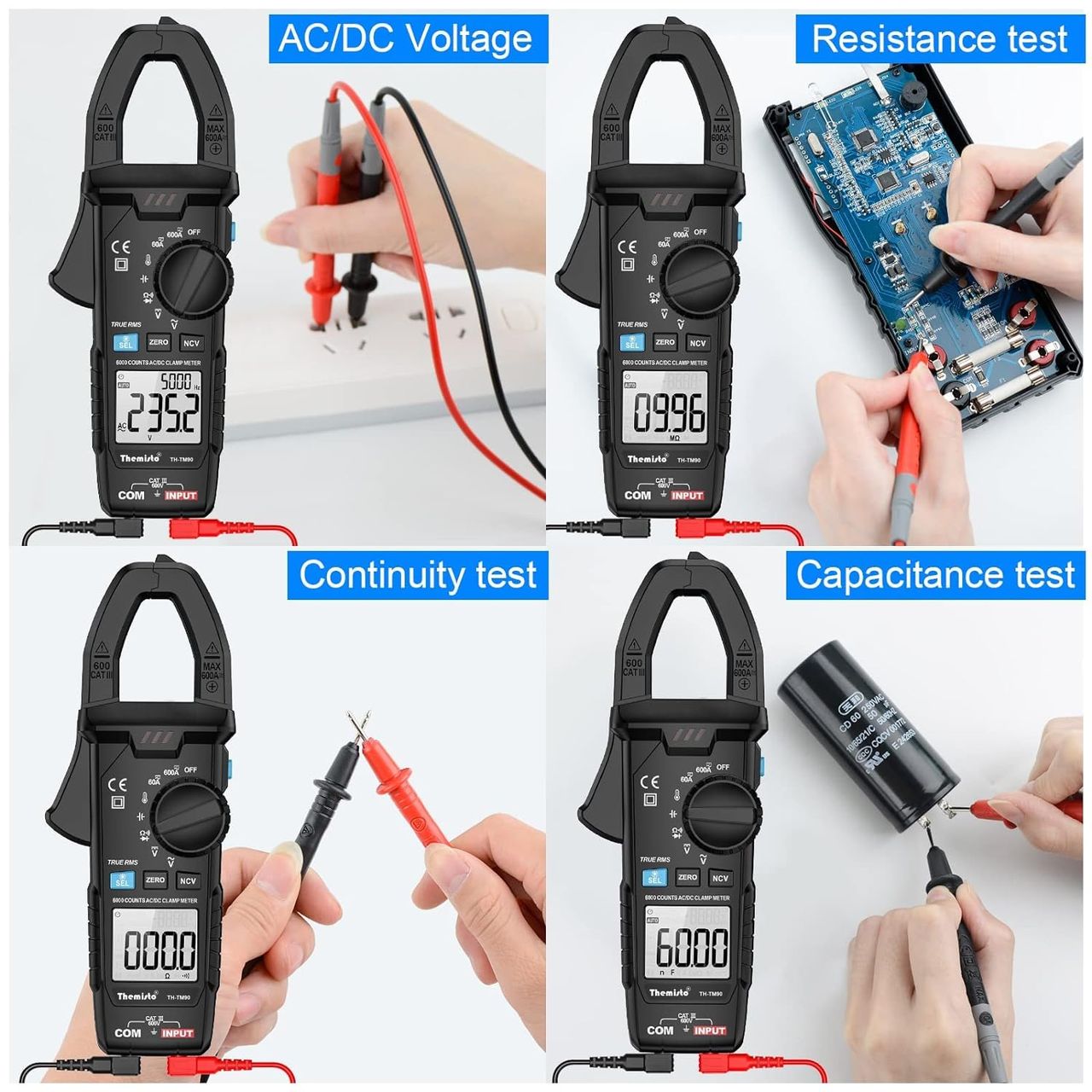 Themisto Th-M90 Auto Range, Ac/Dc Current, True Rms Digital Clamp Meter (600A,6000 Counts), Black