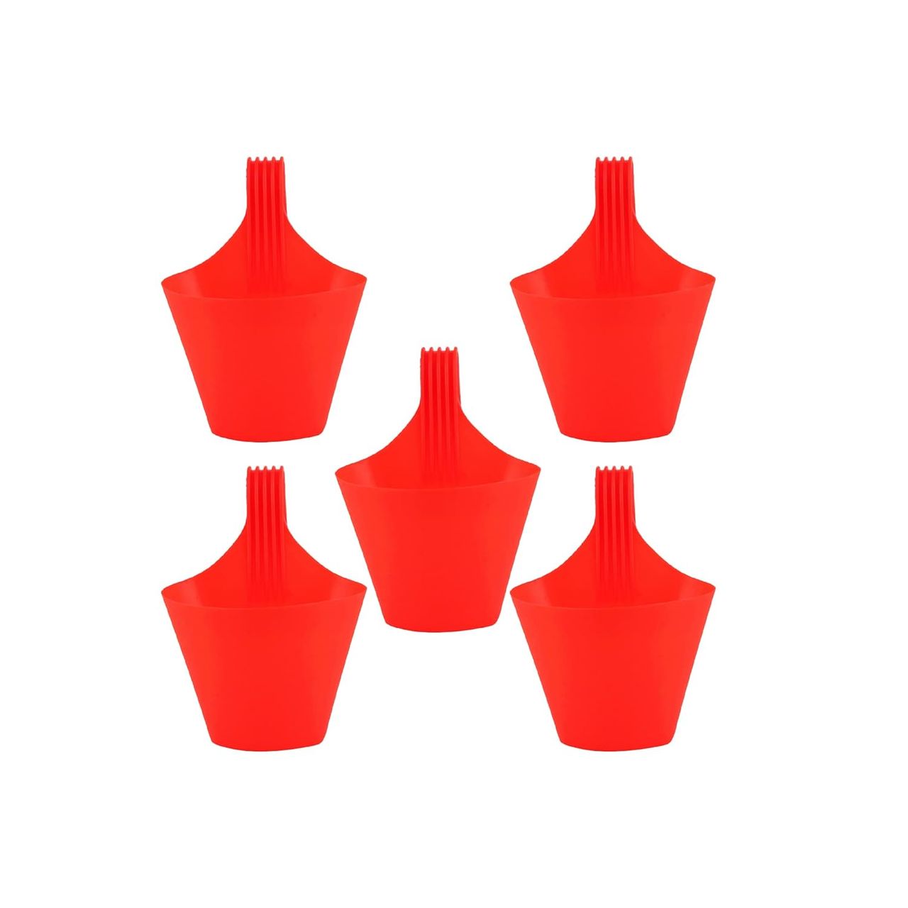 Nayra Plastic Railing Hanging Hook Pot Red Color Indoor and Outdoor Hook Pots | Set of 5